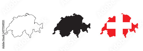 set of Switzerland map designs — country outline, black silhouette, and national flag version with red background and white cross, isolated on white background for geography, education, travel,