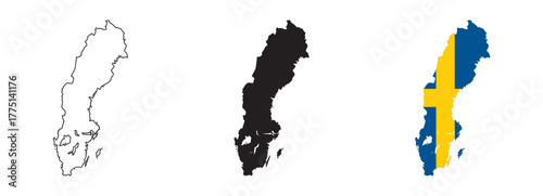 set of Sweden map designs — country outline, black silhouette, and national flag version with blue background and yellow cross, isolated on white background for geography, travel, education,