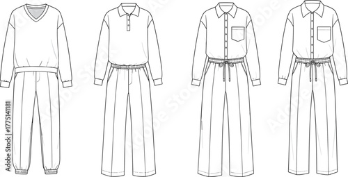 Fashion technical flat sketch set of women’s casual outfits, sweatshirt, polo shirt, button up shirt with pants drawing
