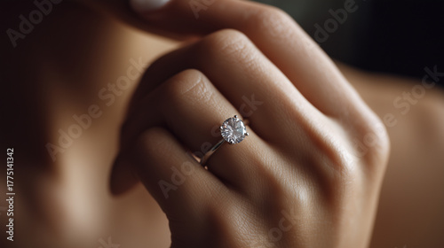 Diamond Engagement Ring on Woman Hand with Elegant Lighting