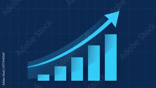 Animated blue bar graph showing consistent business growth and financial success with an upward trend arrow on dark background.