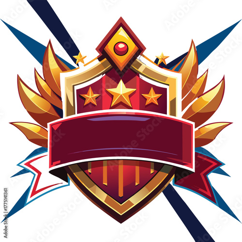 Ornate golden shield emblem with stars and ribbons