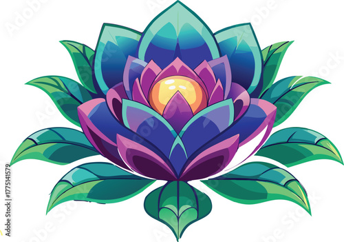 Vibrant stylized lotus flower with glowing center and green leaves