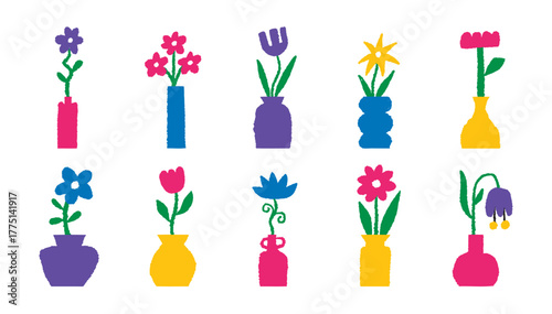 Abstract naive flower plant in vase set. Floral vase with flowers Doodle simple elements for poster design. Simple matisse shape in pots, jugs