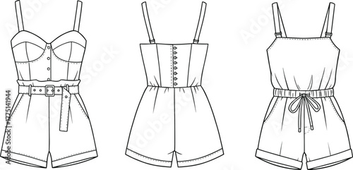 Flat technical fashion sketch of women's summer rompers with straps, belts, buttons, elastic waist, drawstring, and pocket details