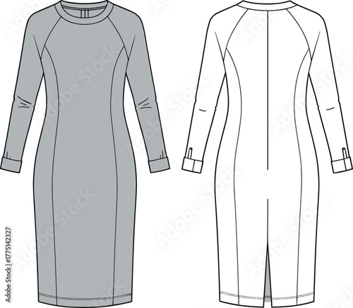 Flat fashion technical sketch of women's fitted knit midi dress with long sleeves, cuff details, back slit, and curved seams