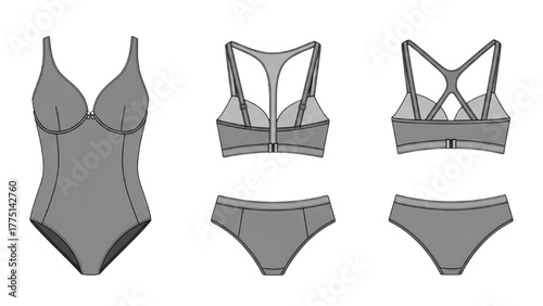 Lingerie set fashion flat technical sketch with bodysuit, bra, and panties