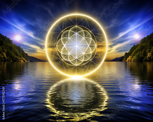 Radiant golden sphere with sacred geometry above shimmering lake