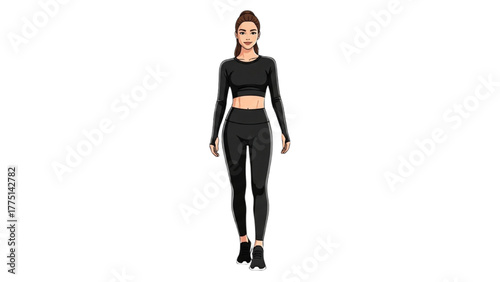 Athletic young woman in black sportswear walking with a confident and healthy look