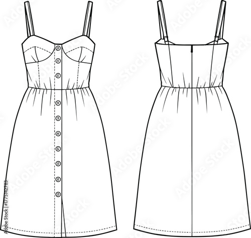 Fashion technical flat of strappy button front dress, detailed CAD drawing, vector illustration for sewing pattern, front and back view