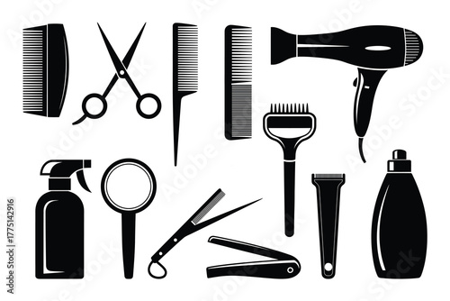 Hair Styling Accessories Silhouette Bundle Hair Dryer, Comb, Scissors, Razor, and Shaving Cream Icons