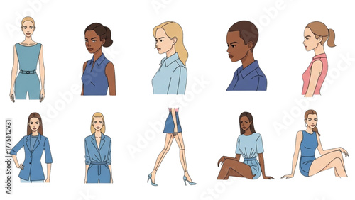 Diverse Collection of Women's Fashion Outfits in Vector Art