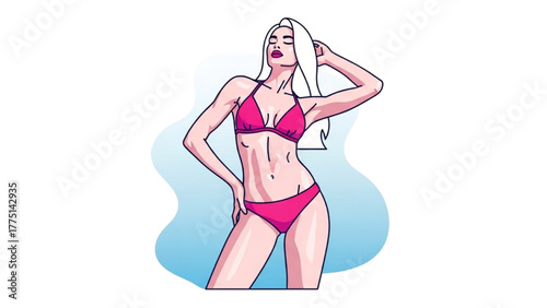 Illustration of an elegant woman in a pink bikini, posing gracefully against a blue backdrop