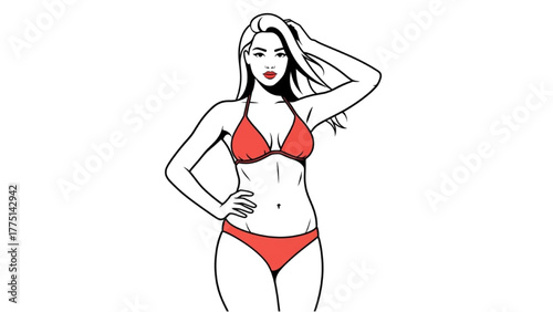 Beautiful woman in a red bikini posing with hand in hair