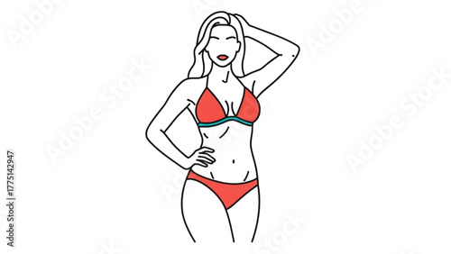 Stylish woman in red swimwear posing confidently, isolated vector art