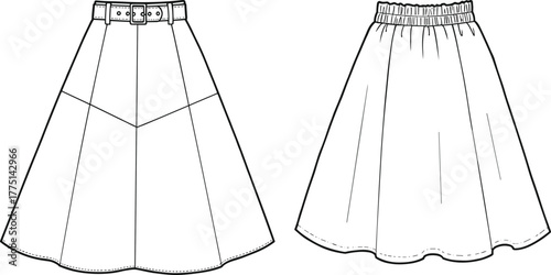 Flared midi skirt CAD flat sketch with waistband and belt detail, vector fashion illustration for apparel design, garment technical drawing