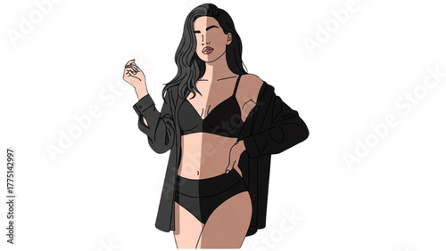 Elegant graphic illustration of a woman in black lingerie, representing inner strength and modern fashion