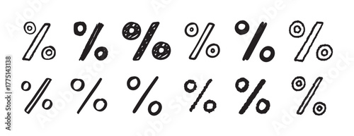 Percentage sign doodle hand drawn icon set. Outline drawing Percentage line clipart symbol collection