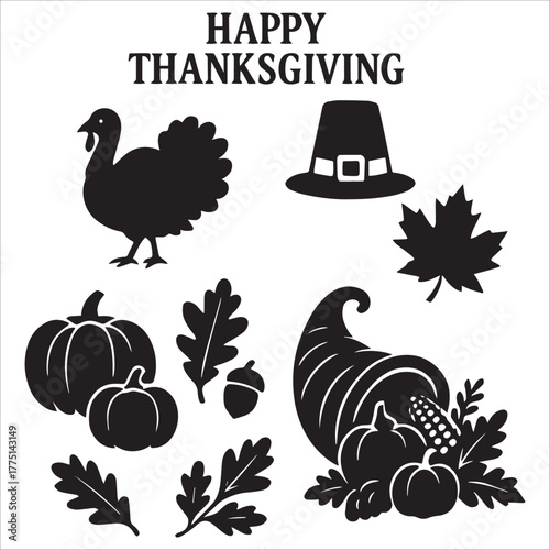 Happy Thanksgiving Silhouette Icon Set