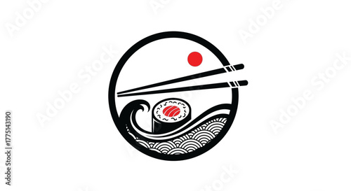 Minimal Japanese-style vector logo showing chopsticks, sushi rolls, or wave patterns. Flat black and red design with balanced negative space. Perfect for Asian or sushi restaurants.