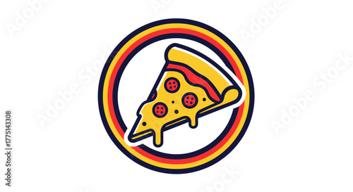 Flat vector logo showing a pizza slice with melting cheese and circular shape for symmetry. Fun, modern, and bright design.