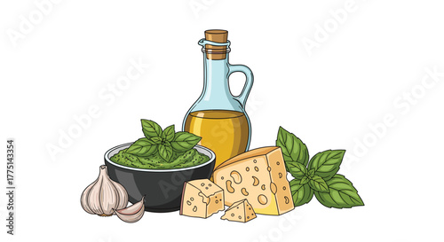 Fresh ingredients for homemade pesto: vibrant basil, garlic cloves, aged cheese, and golden olive oil in a rustic bottle.