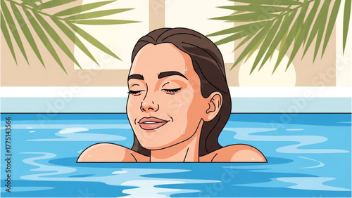 Woman relaxing in a swimming pool under palm leaves