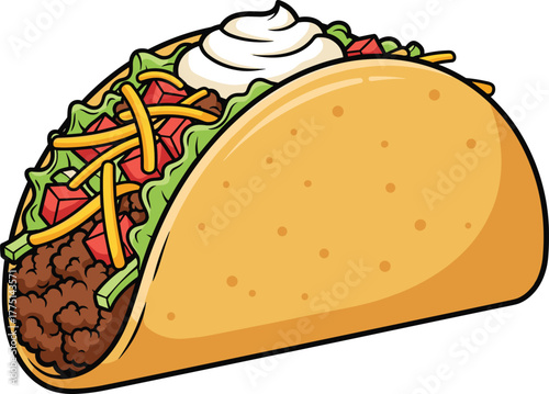 Cartoon taco with beef, cheese, lettuce, tomato, and sour cream, delicious Mexican food illustration, fun vector art, cad drawing flat vector illustration