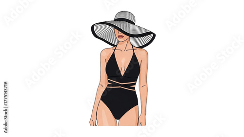 Elegant woman in a black monokini and a wide-brimmed hat, summer fashion concept