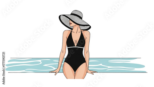 Bathing Suit Beauty Woman Relaxing by the Pool in Elegant Style