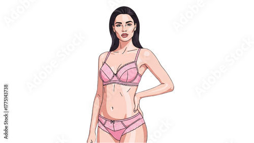 Elegant fashion illustration of a beautiful woman posing confidently in stylish pink lingerie