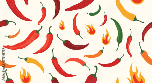 A vibrant, repetitive pattern featuring a variety of colorful chili peppers and flames.