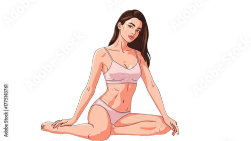 Elegant young woman in delicate pink lingerie sitting gracefully, showcasing beauty, confidence, and serene posture