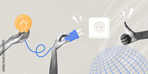 Ideas that empower. Global energy and innovation. Success. Trendy halftone collage. Concept of the decision-making process, creative thinking, new ideas.