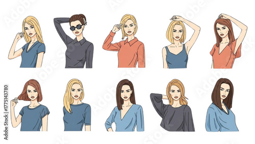 Fashion concept illustrations of diverse beautiful women with modern looks and poses