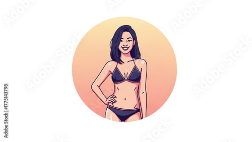 Vibrant vector illustration showcasing a confident young woman in stylish swimwear, embodying summer lifestyle