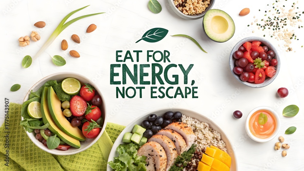 Fototapeta premium Composition of balanced healthy meal with motivational food quote