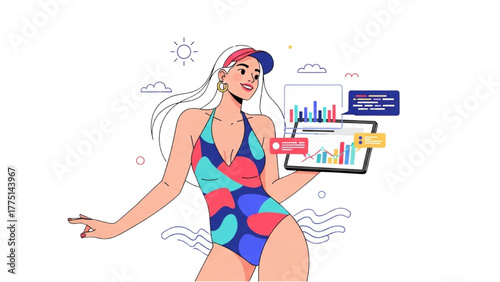 Businesswoman in swimwear working remotely, analyzing financial graphs and data on a digital tablet
