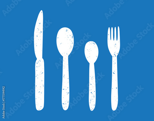 silverware spoon, tablespoon and teaspoon, fork and knife textured grunge icon silhouette set. 