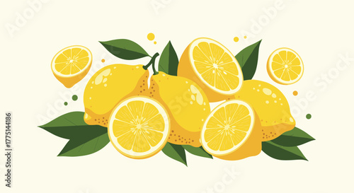 A vibrant illustration of fresh lemons and lemon slices with green leaves on a pale yellow background.