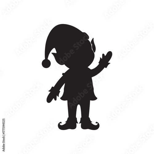 Black Silhouette Of A Festive Christmas Elf Waving On A White Background

