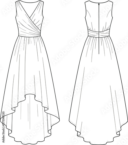 Flat technical sketch of sleeveless high-low evening dress with wrap front bodice, fitted waistband, and zipper back closure, vector style.