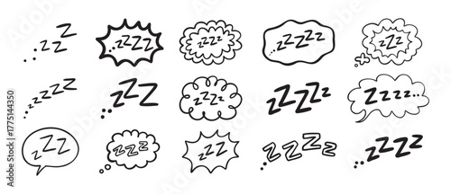 Zzz Zzzz bed sleep snore sound bubble set, snooze nap Z sound icon cloud set. Sleepy Zzz doodle hand drawn line icons