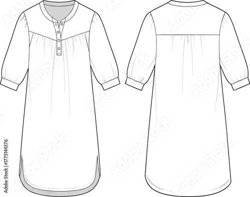 Fashion flat tunic top, front and back technical sketch, button placket, gathered yoke design, half sleeve cad drawing, vector illustration