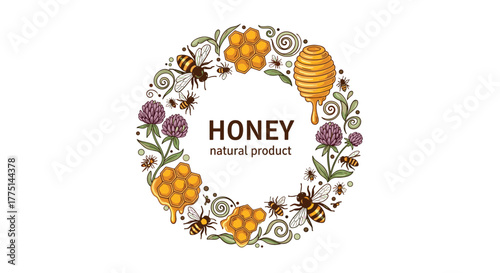 A circular illustration featuring bees, honeycombs, flowers, and the word \ "Honey".