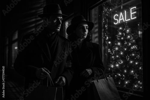 Black and White Couple Shopping in City – Film Noir Style with SALE Window Lights