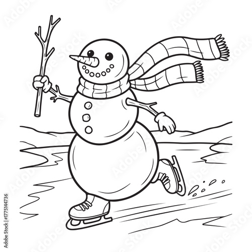 Snowman ice skating coloring page design colouring page