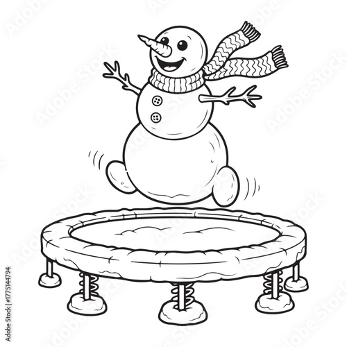 Snowman bouncing on a trampoline outline colouring page