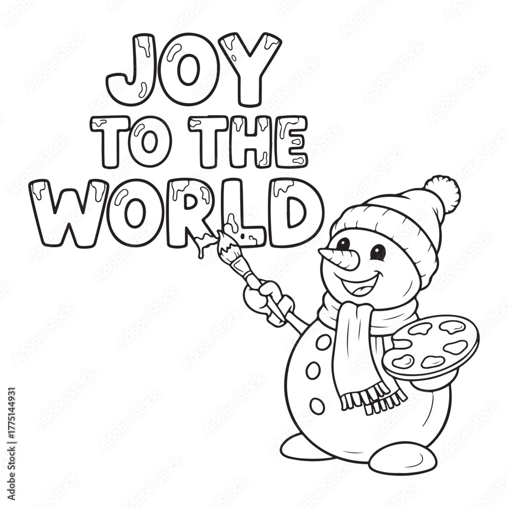 Obraz premium Snowman painting joy to the world text colouring page