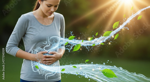 Natural gut health: Woman with glowing digestive system, water, and leaves outdoors.